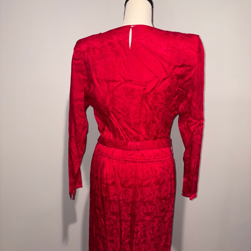 Vintage Silk Jacquard Midi Dress 80s Mob Wife Women 10P Red Argenti Petites - Picture 4 of 11